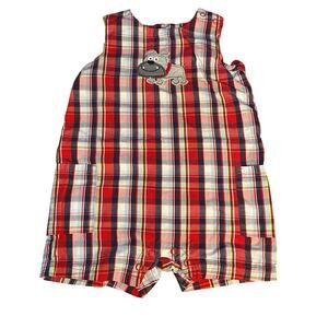 Carter's red blue plaid‎ bulldog sleeveless shorts boys romper SIZE 18M